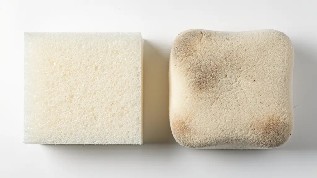 Comparaison entre mousse haute densité neuve et mousse écrasée après usage