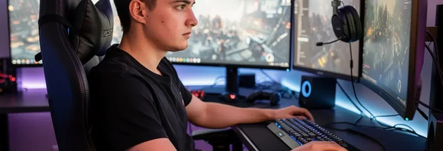 Joueur confortablement installé dans sa chaise gaming devant son setup avec écran